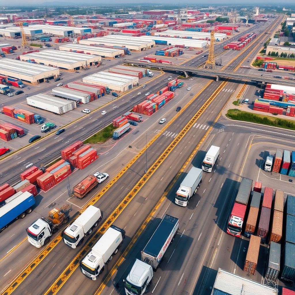 Vista aérea de hub logístico com caminhões, contêineres e armazéns